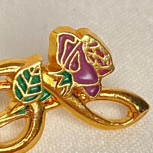 Rose Musical Note Brooch Gold Tone Enamel Cloisonne - Picture 3 of 6